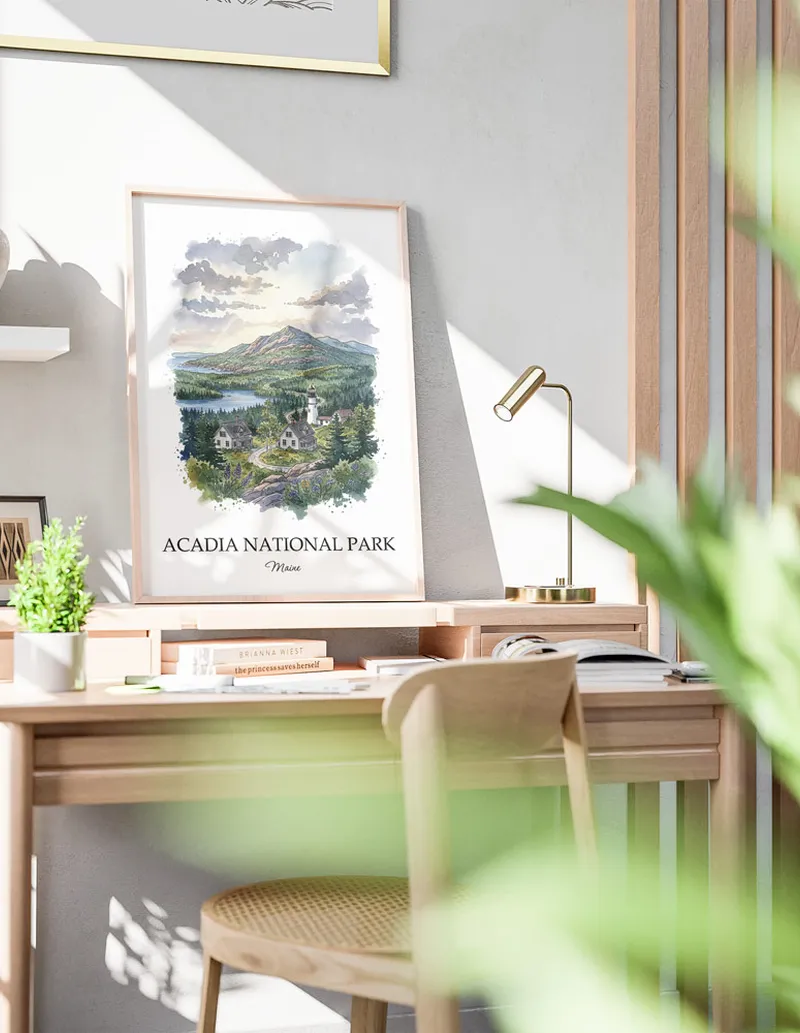 A close-up of a high-quality paper print featuring the Acadia National Park in Maine minimalist design.