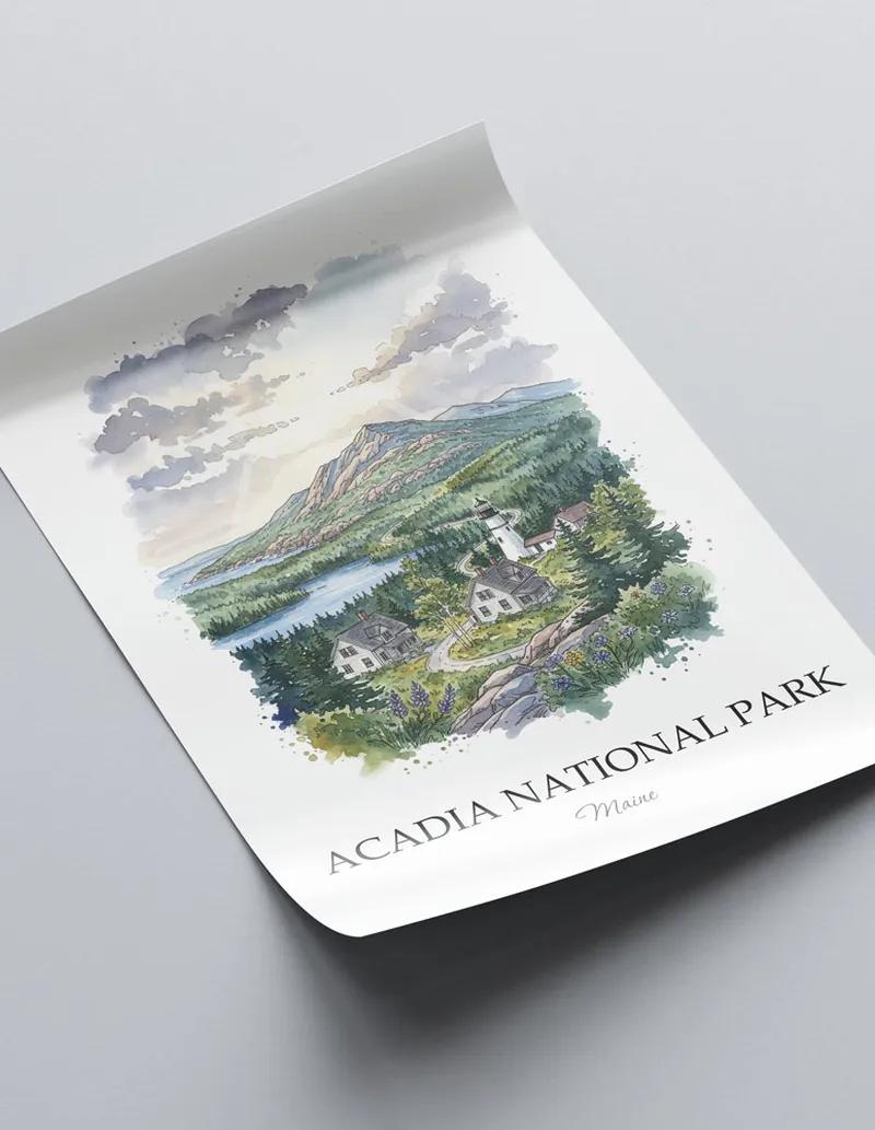 Minimalist poster of Acadia National Park in Maine in a light frame standing on the floor in a dark moody interior.