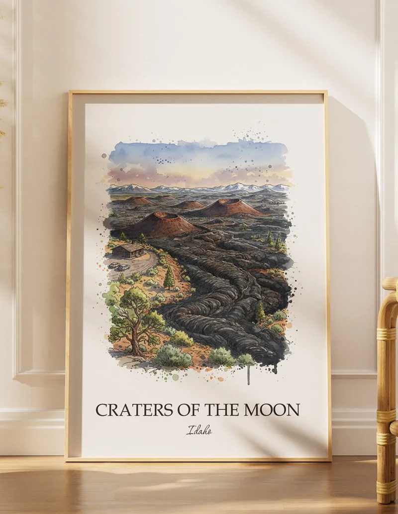 A lovely interior preview showcasing a vintage-vibe travel poster design of the scenic Craters of the Moon in Idaho.