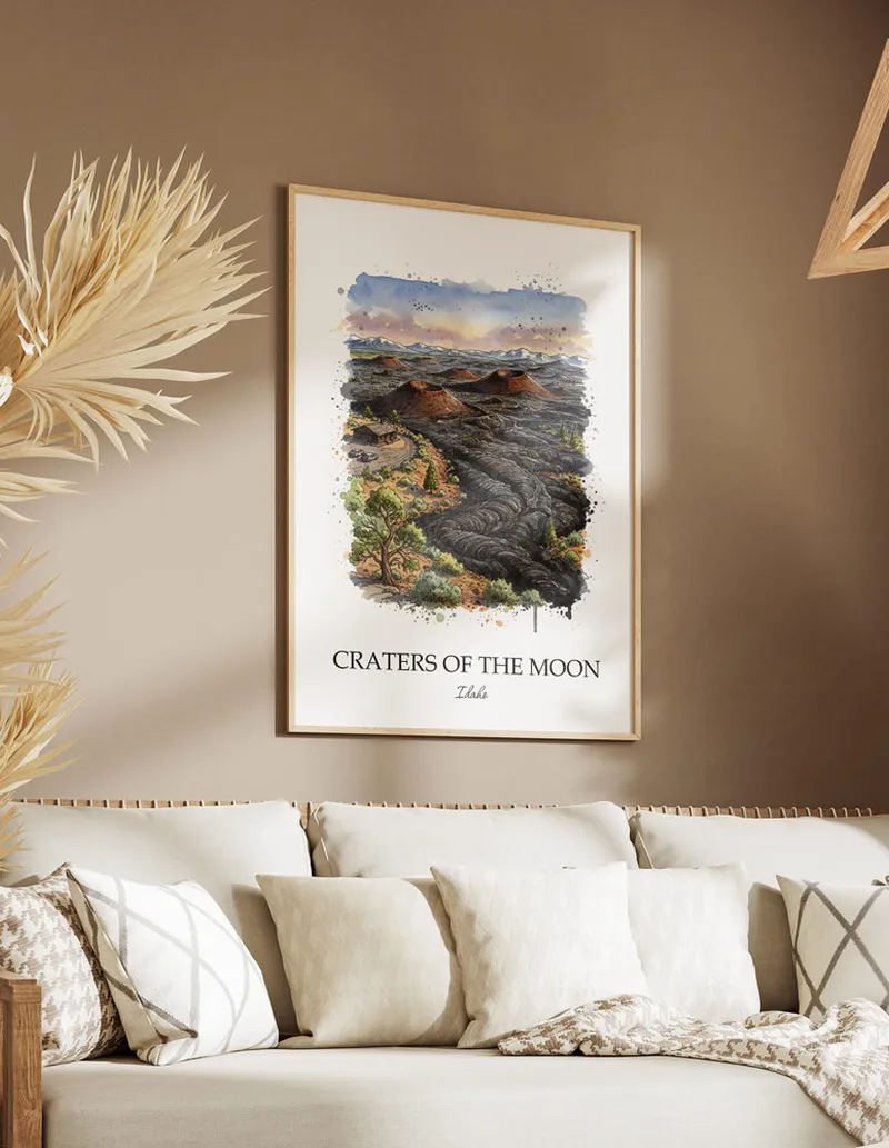 Cozy, well-lit workspace with a minimalist poster of Craters of the Moon, Idaho in a light frame sitting on the desk.