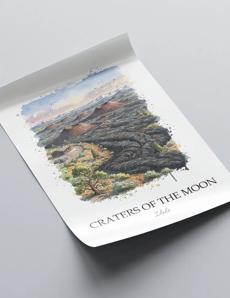 Minimalist poster of Craters of the Moon in Idaho in a light frame standing on the floor in a dark moody interior.