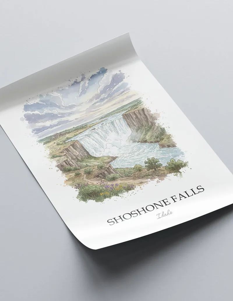 Minimalist poster of Shoshone Falls in Idaho in a light frame standing on the floor in a dark moody interior.