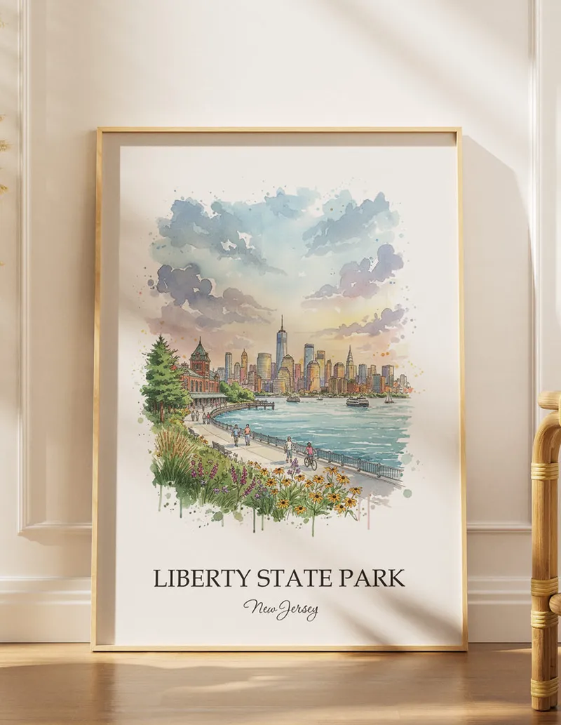 A lovely interior preview showcasing a vintage-vibe travel poster design of the scenic Liberty State Park in New Jersey.