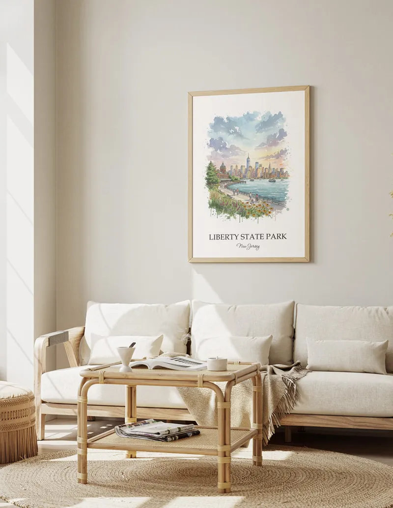 A gorgeous boho-inspired living space with a framed vintage travel poster of Liberty State Park in New Jersey on display.