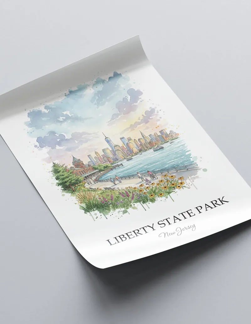 Minimalist poster of Liberty State Park in New Jersey in a light frame standing on the floor in a dark moody interior.