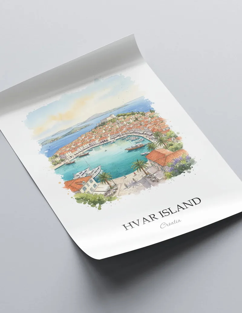 A close-up of a high-quality paper print featuring the Hvar Island in Croatia minimalist design.