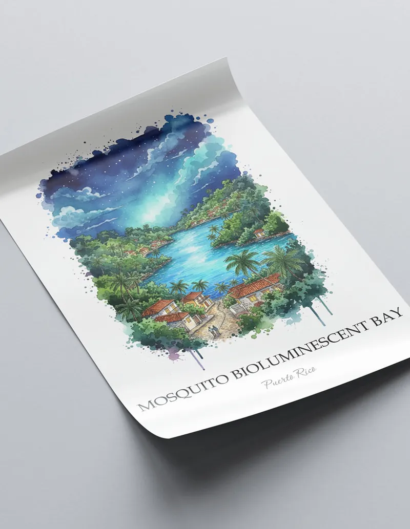 Minimalist poster of Mosquito Bioluminescent Bay in Puerto Rico in a light frame standing on the floor in a dark moody interior.