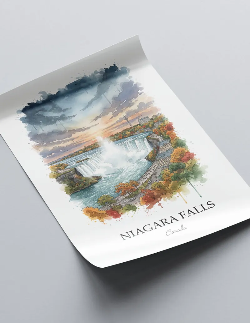 Minimalist poster of Niagara Falls in Canada in a light frame standing on the floor in a dark moody interior.