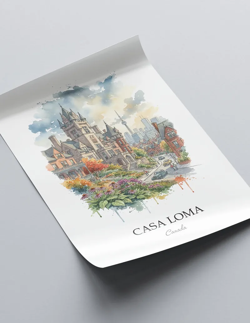 Minimalist poster of Casa Loma in Canada in a light frame standing on the floor in a dark moody interior.