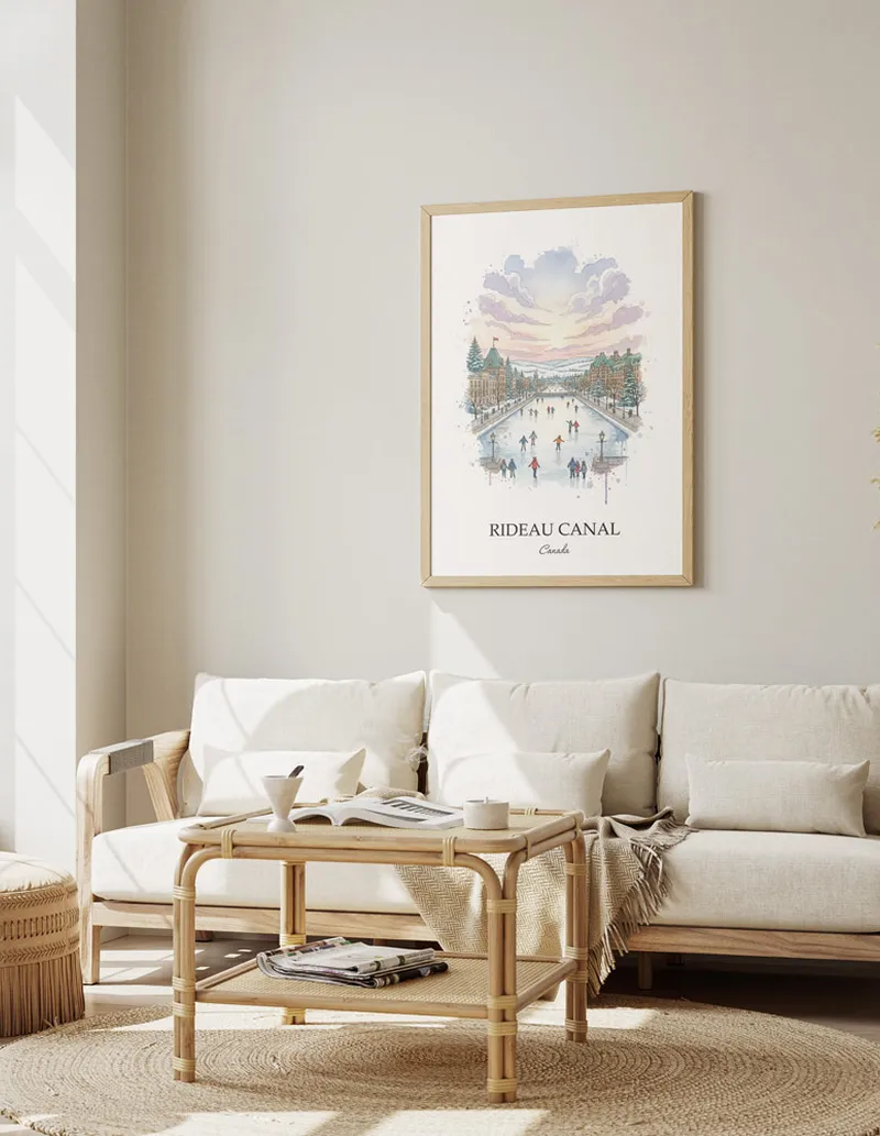 A gorgeous boho-inspired living space with a framed vintage travel poster of Rideau Canal in Canada on display.