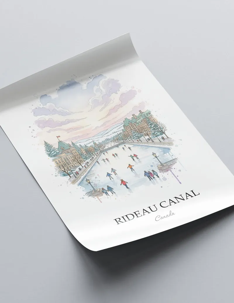 Minimalist poster of Rideau Canal in Canada in a light frame standing on the floor in a dark moody interior.