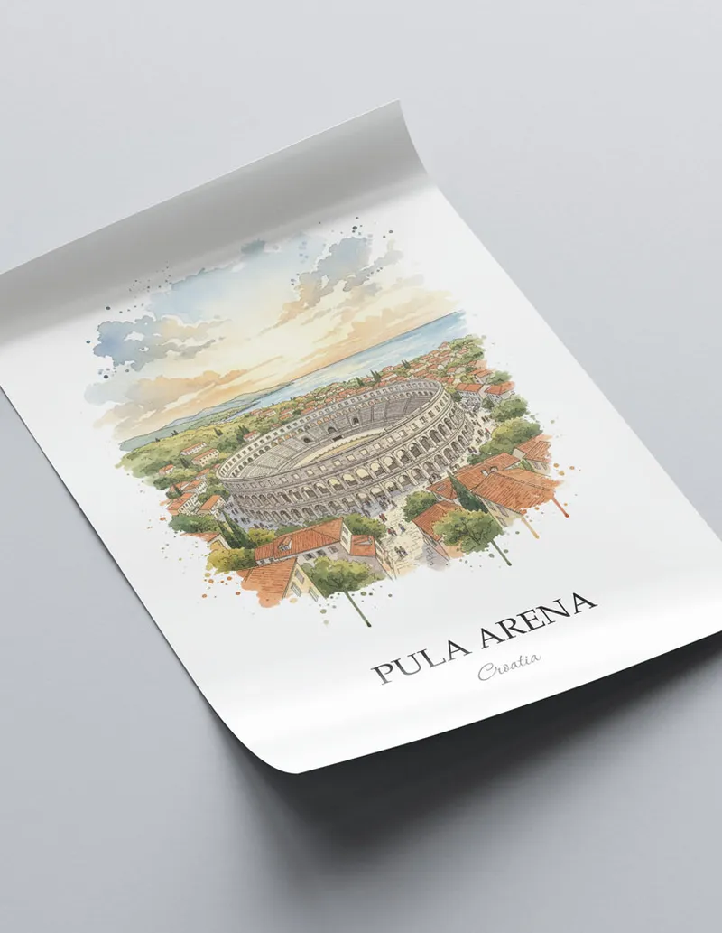 A close-up of a high-quality paper print featuring the Pula Arena in Croatia minimalist design.