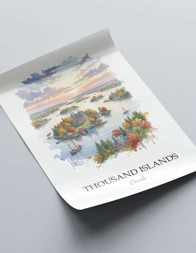 Minimalist poster of Thousand Islands in Canada in a light frame standing on the floor in a dark moody interior.