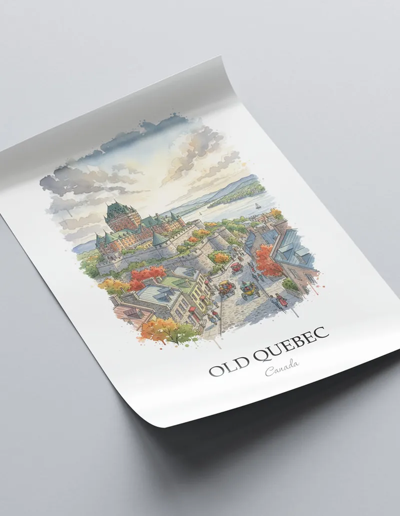 Minimalist poster of Old Quebec in Canada in a light frame standing on the floor in a dark moody interior.