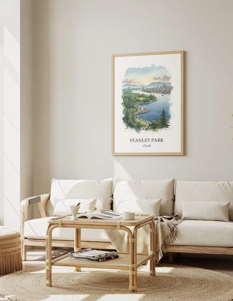 A gorgeous boho-inspired living space with a framed vintage travel poster of Stanley Park in Canada on display.
