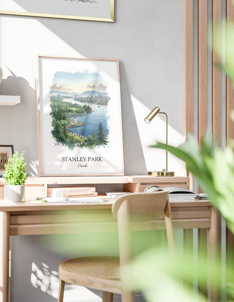 A close-up of a high-quality paper print featuring the Stanley Park in Canada minimalist design.