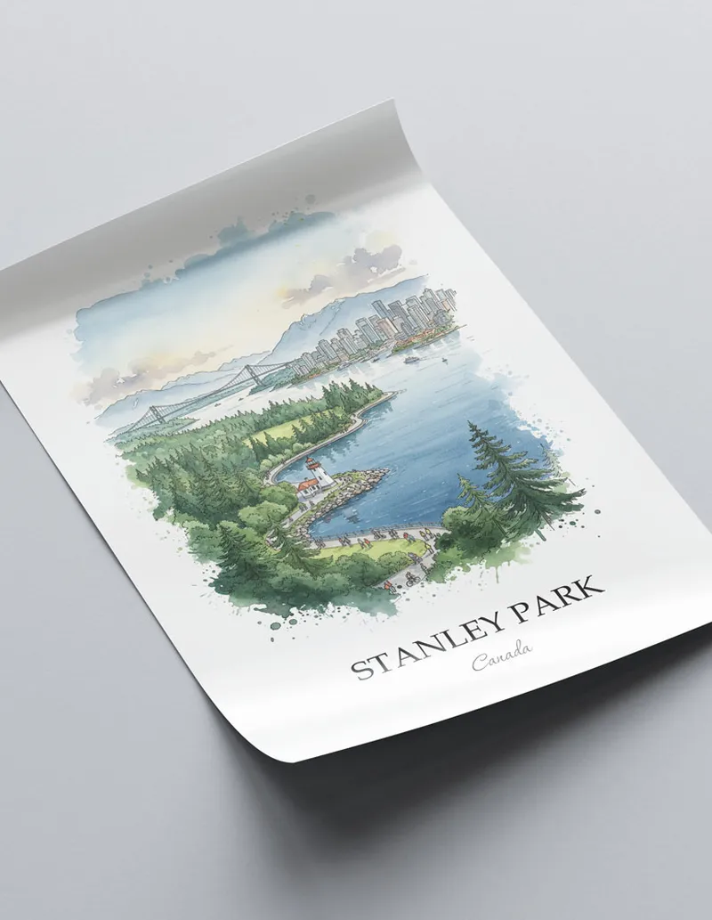 Minimalist poster of Stanley Park in Canada in a light frame standing on the floor in a dark moody interior.