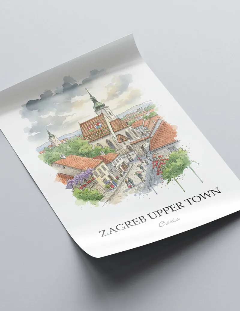 A close-up of a high-quality paper print featuring the Zagreb Upper Town in Croatia minimalist design.