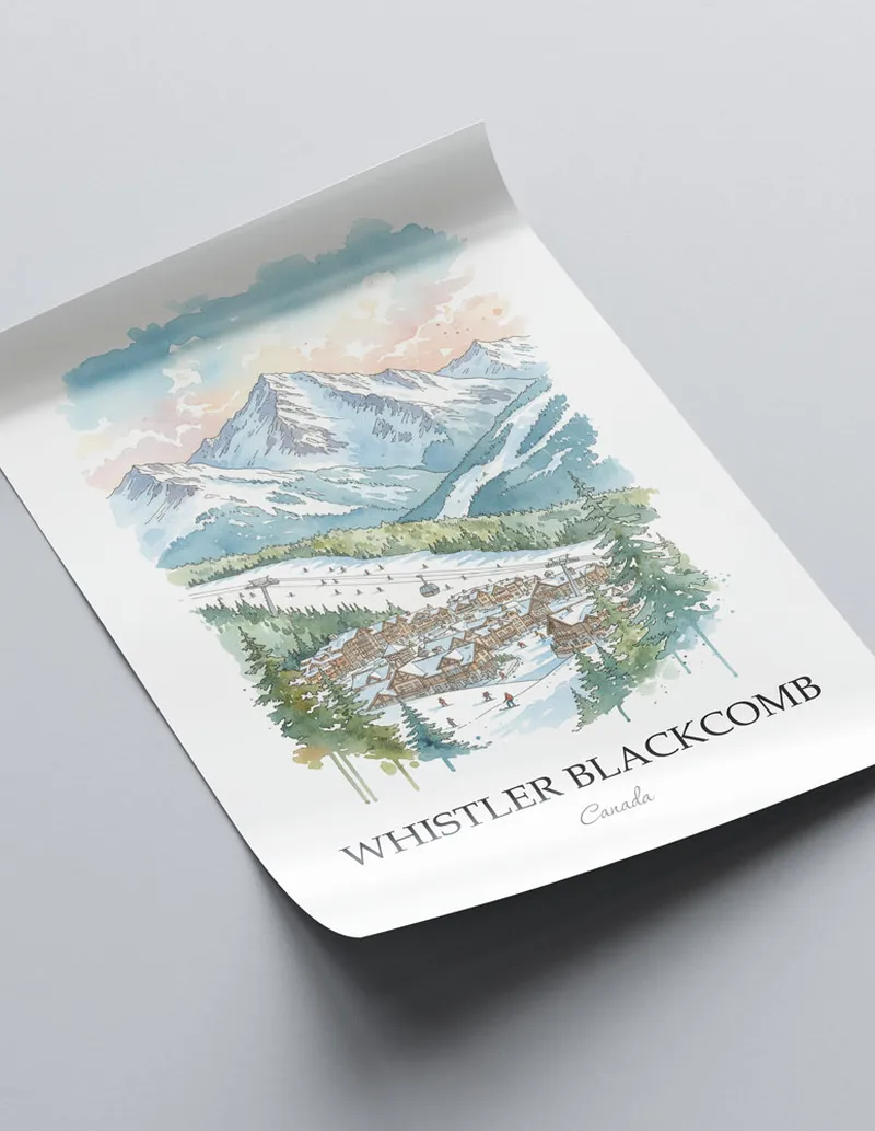 Minimalist poster of Whistler Blackcomb in Canada in a light frame standing on the floor in a dark moody interior.