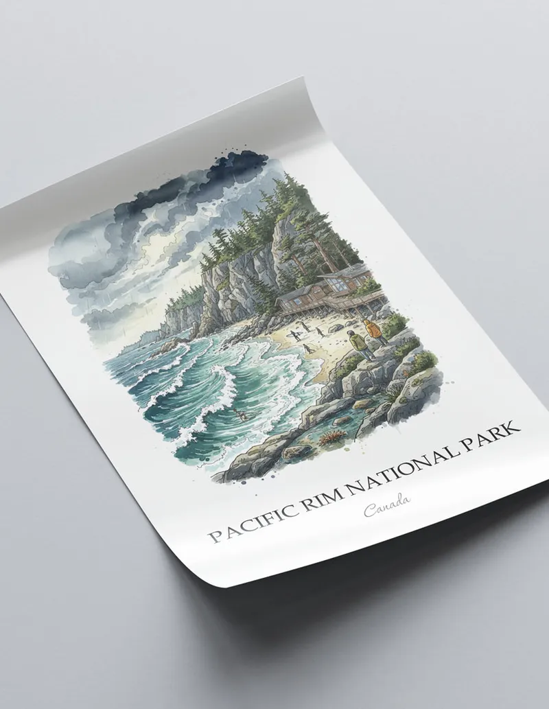 Minimalist poster of Pacific Rim National Park in Canada in a light frame standing on the floor in a dark moody interior.