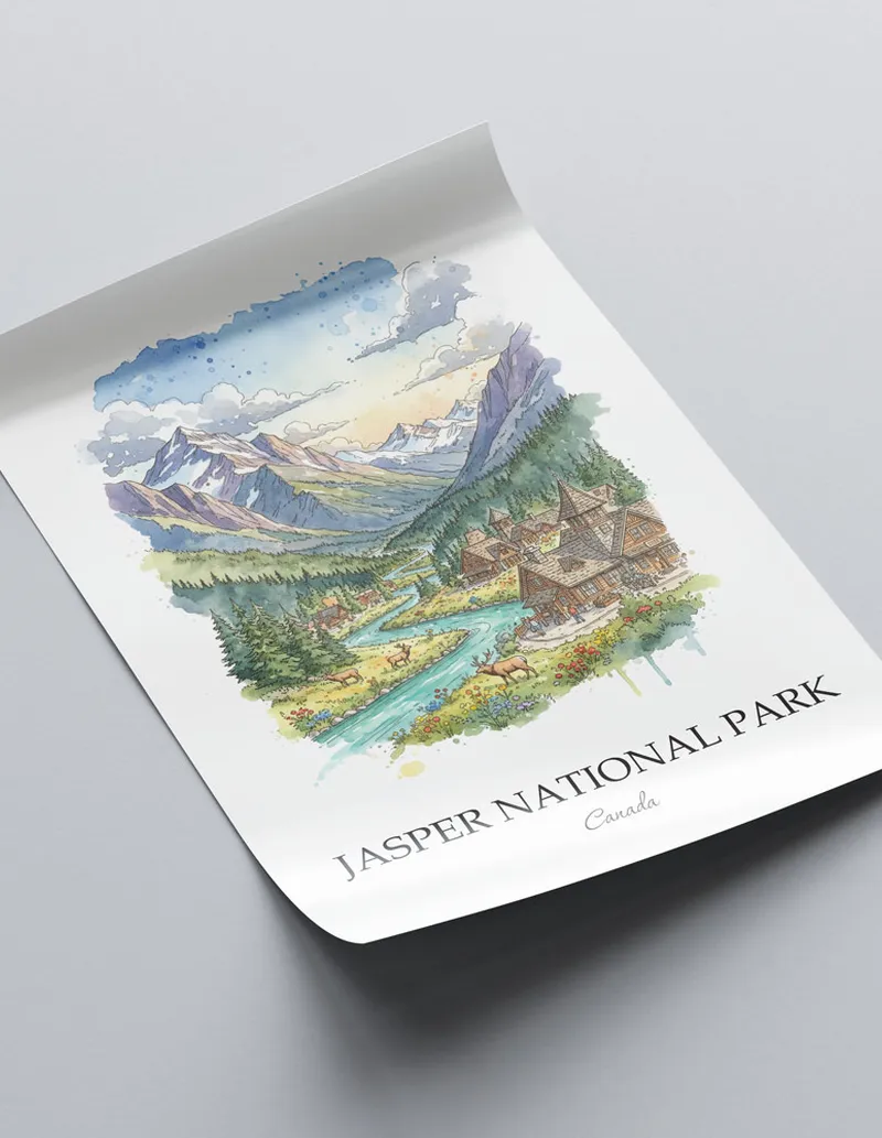 Minimalist poster of Jasper National Park in Canada in a light frame standing on the floor in a dark moody interior.