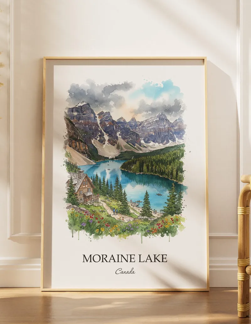 A lovely interior preview showcasing a vintage-vibe travel poster design of the scenic Moraine Lake in Canada.
