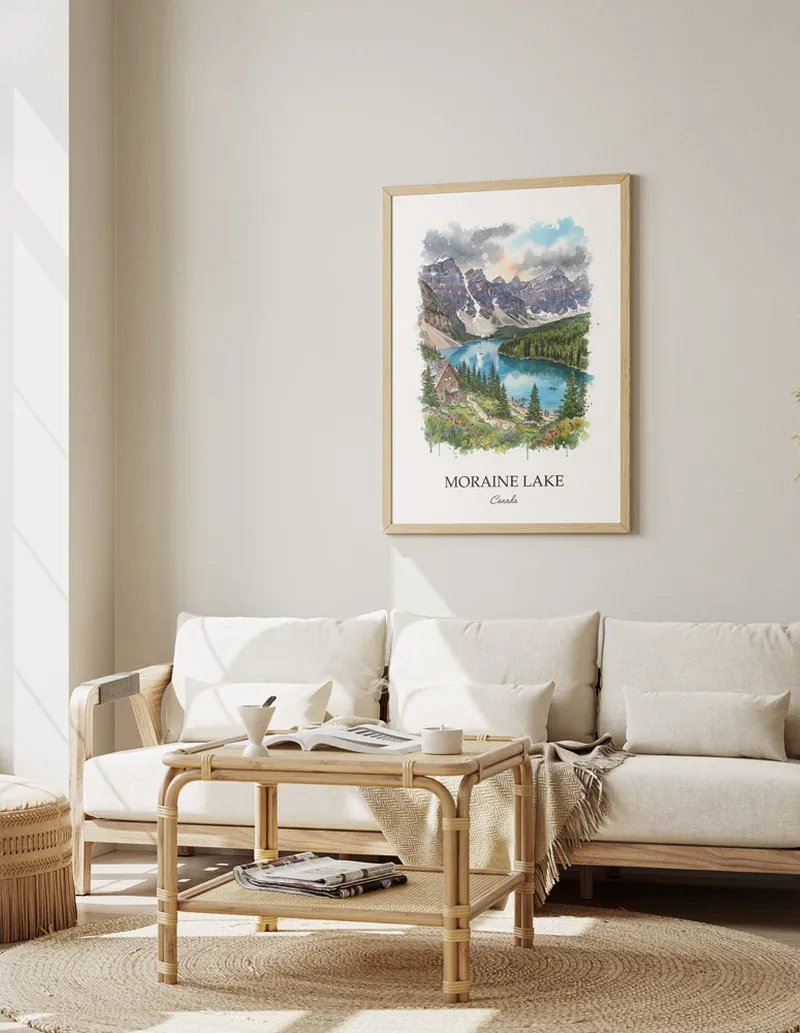 A gorgeous boho-inspired living space with a framed vintage travel poster of Moraine Lake in Canada on display.