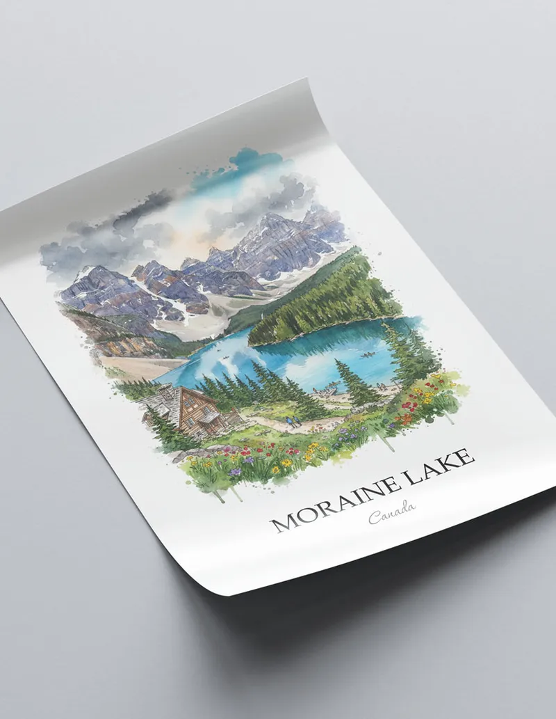 Minimalist poster of Moraine Lake in Canada in a light frame standing on the floor in a dark moody interior.