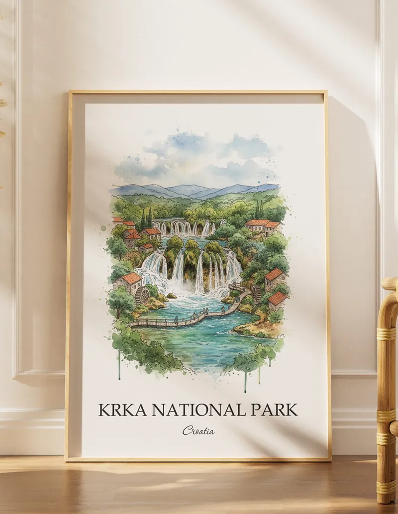 Framed wall art featuring Krka National Park in Croatia in a light wood frame leaning on the floor.