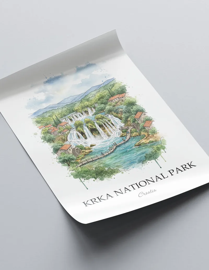 A close-up of a high-quality paper print featuring the Krka National Park in Croatia minimalist design.