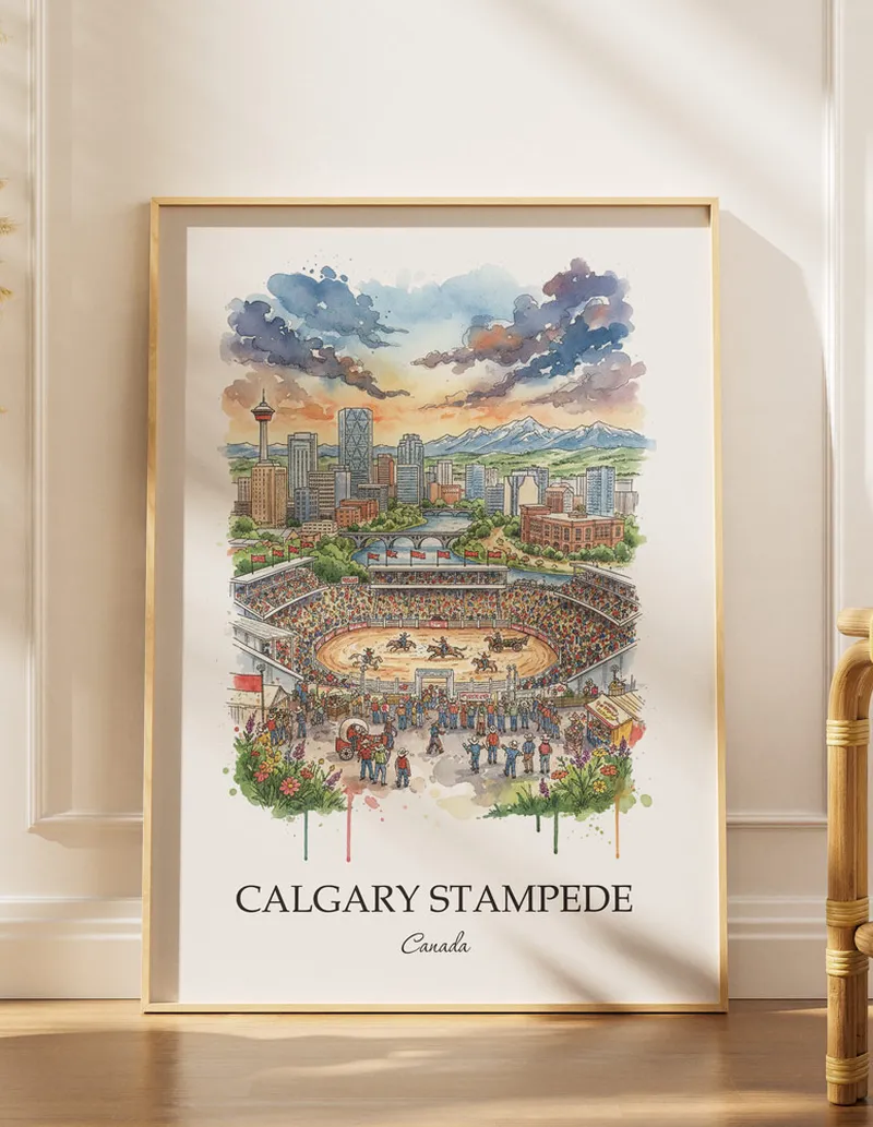 A lovely interior preview showcasing a vintage-vibe travel poster design of the scenic Calgary Stampede in Canada.