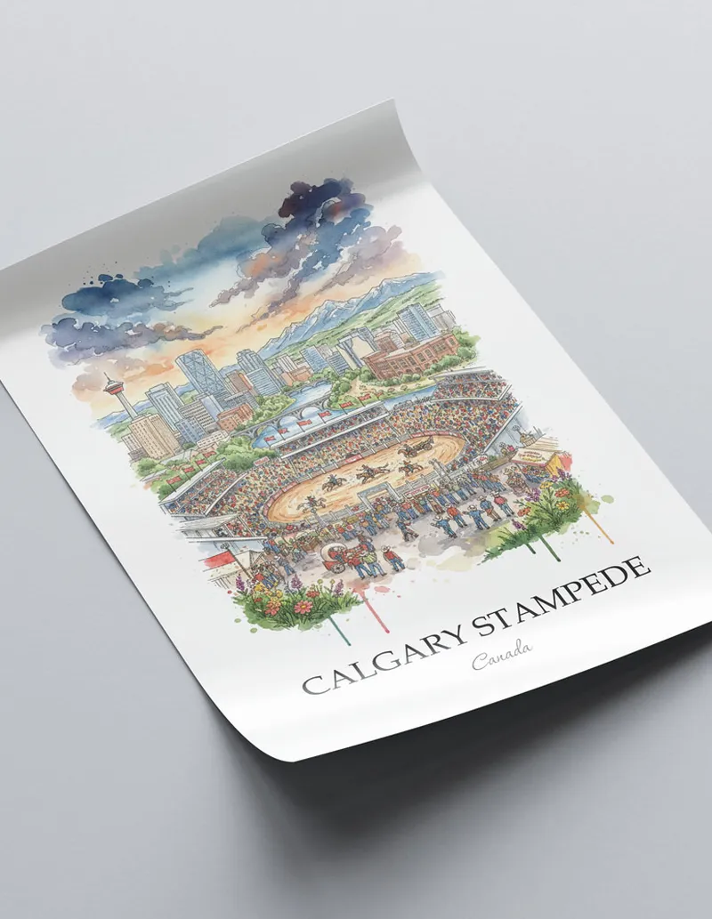 Minimalist poster of Calgary Stampede in Canada in a light frame standing on the floor in a dark moody interior.