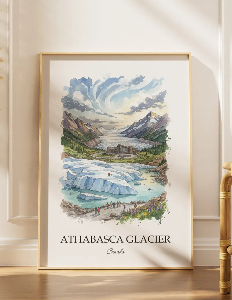 A lovely interior preview showcasing a vintage-vibe travel poster design of the scenic Athabasca Glacier in Canada.