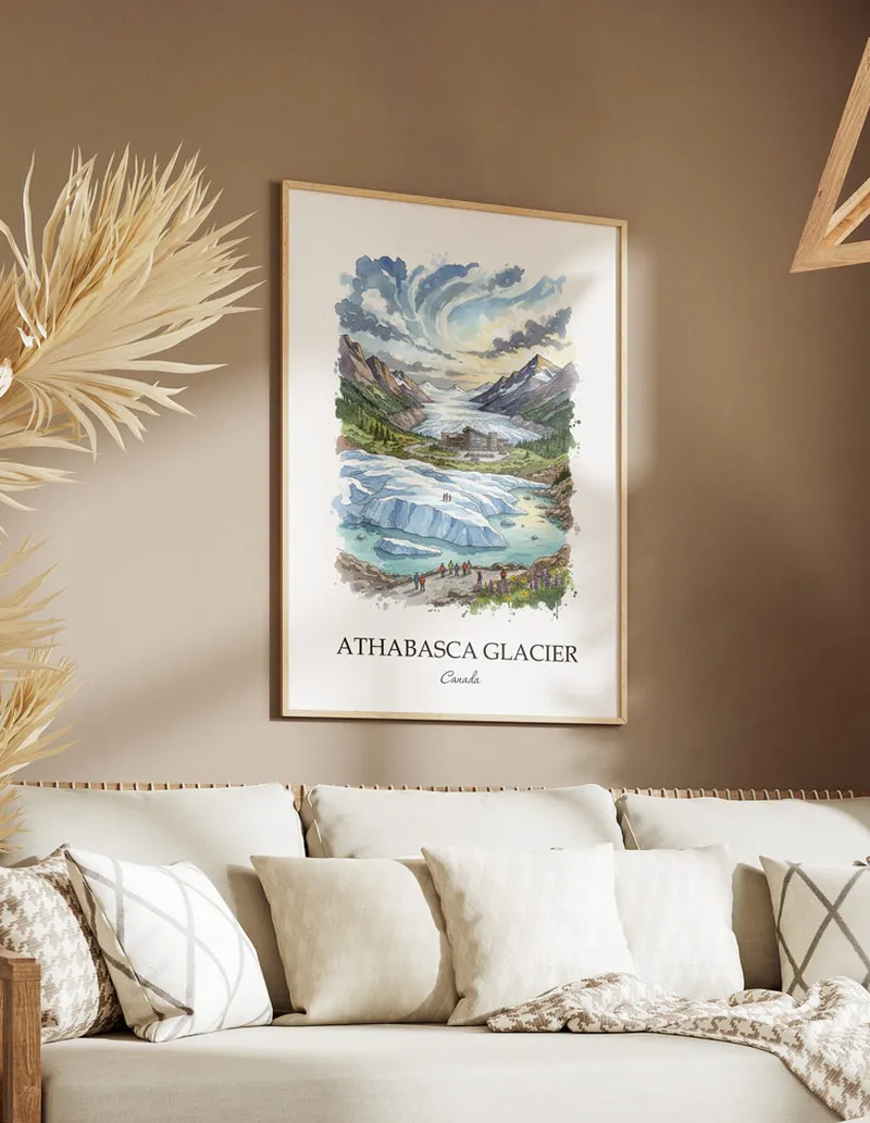 A clean and modern mockup showing a framed Athabasca Glacier, Canada print on a minimalist background.