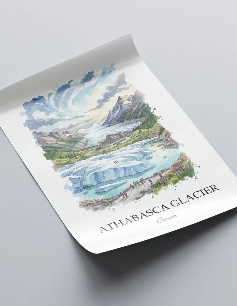 A lovely interior preview showcasing a vintage-vibe travel poster design of the scenic Athabasca Glacier in Canada.