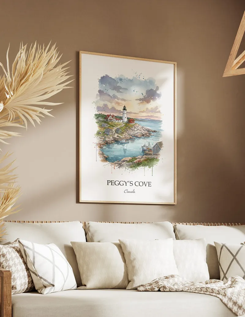 A clean and modern mockup showing a framed Peggy's Cove, Canada print on a minimalist background.