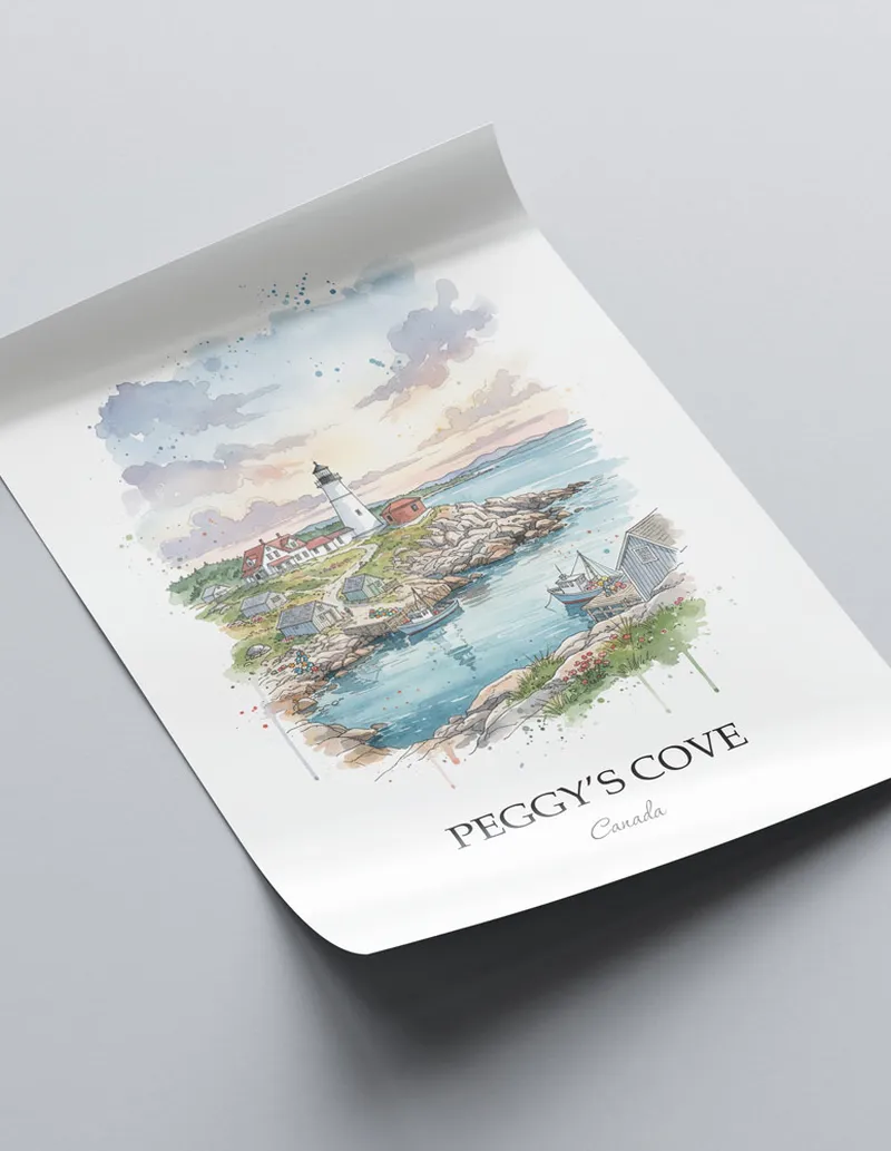 A lovely interior preview showcasing a vintage-vibe travel poster design of the scenic Peggy's Cove in Canada.