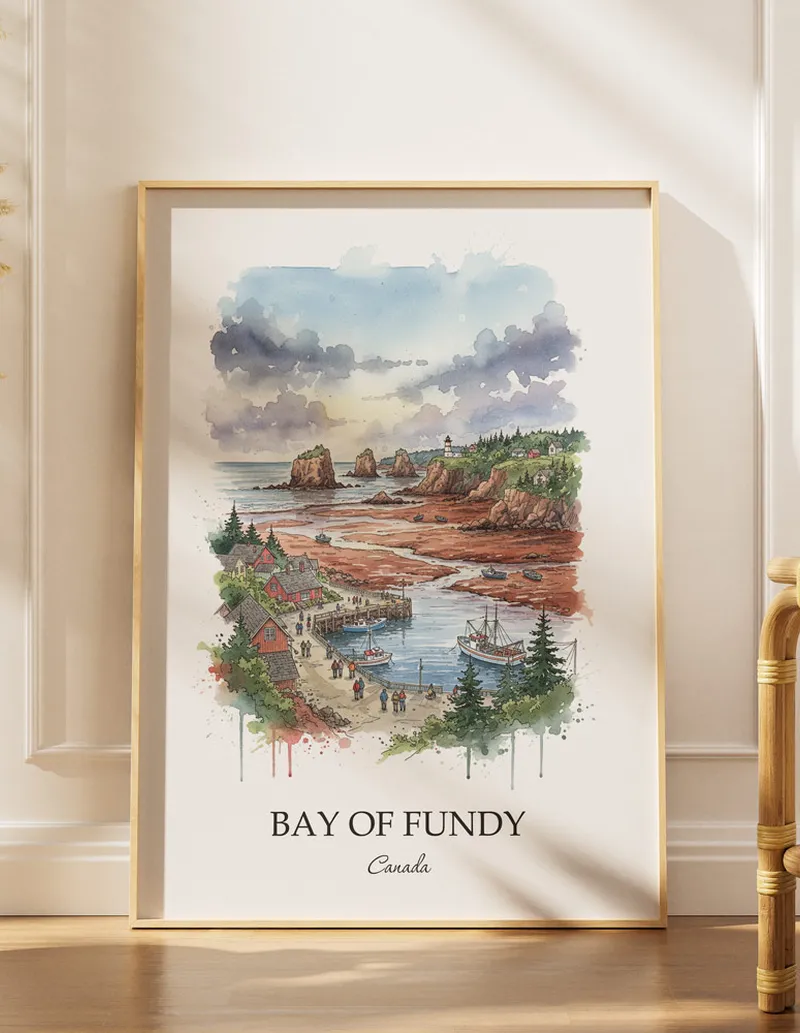Minimalist poster of Bay of Fundy in Canada in a light frame standing by a window in a boho style room.
