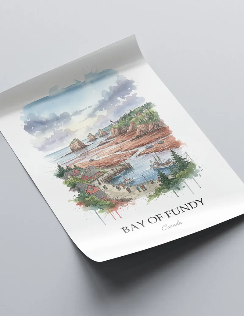 A lovely interior preview showcasing a vintage-vibe travel poster design of the scenic Bay of Fundy in Canada.
