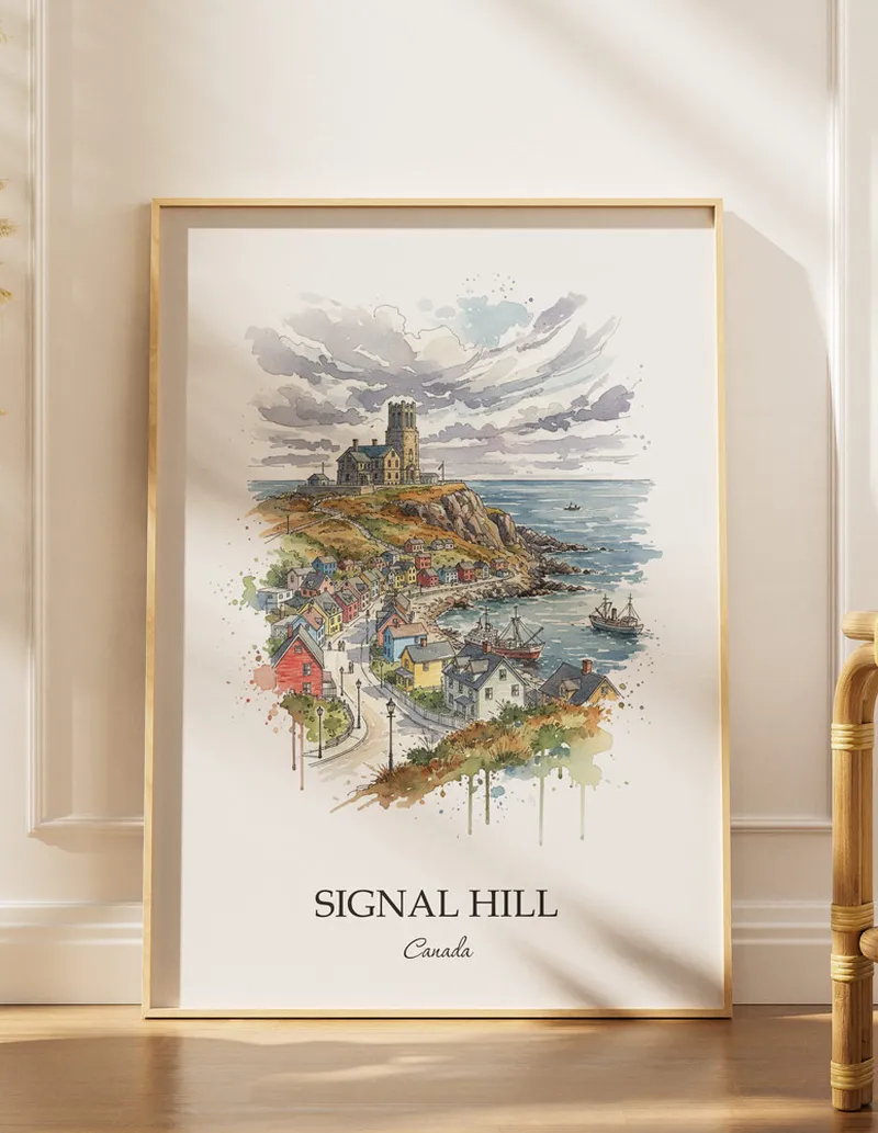 Minimalist poster of Signal Hill in Canada in a light frame standing by a window in a boho style room.