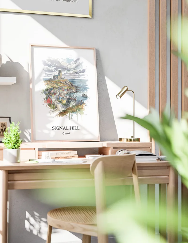 Framed wall art featuring Signal Hill in Canada in a light wood frame leaning on the floor.