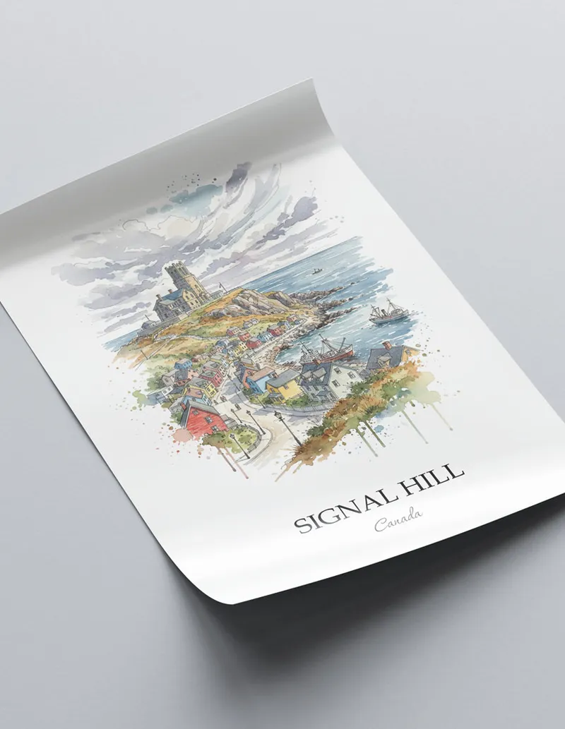 A lovely interior preview showcasing a vintage-vibe travel poster design of the scenic Signal Hill in Canada.