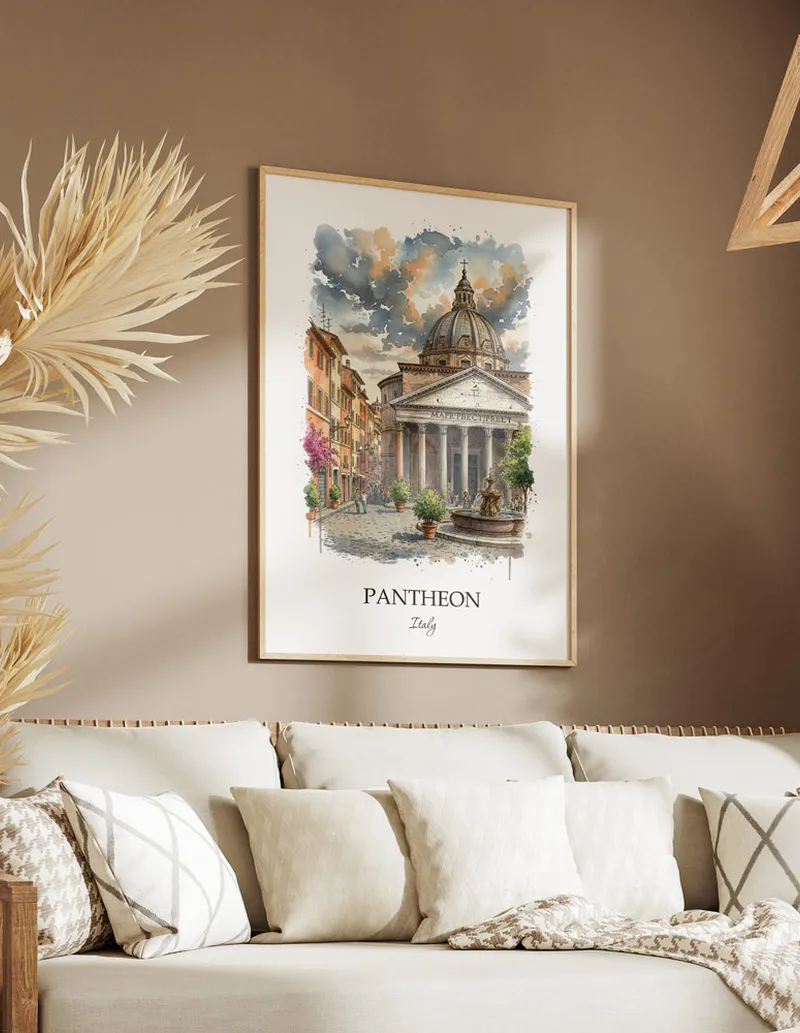 Vintage travel poster of Pantheon, Italy in a light frame displayed above a sofa in a bright boho interior.