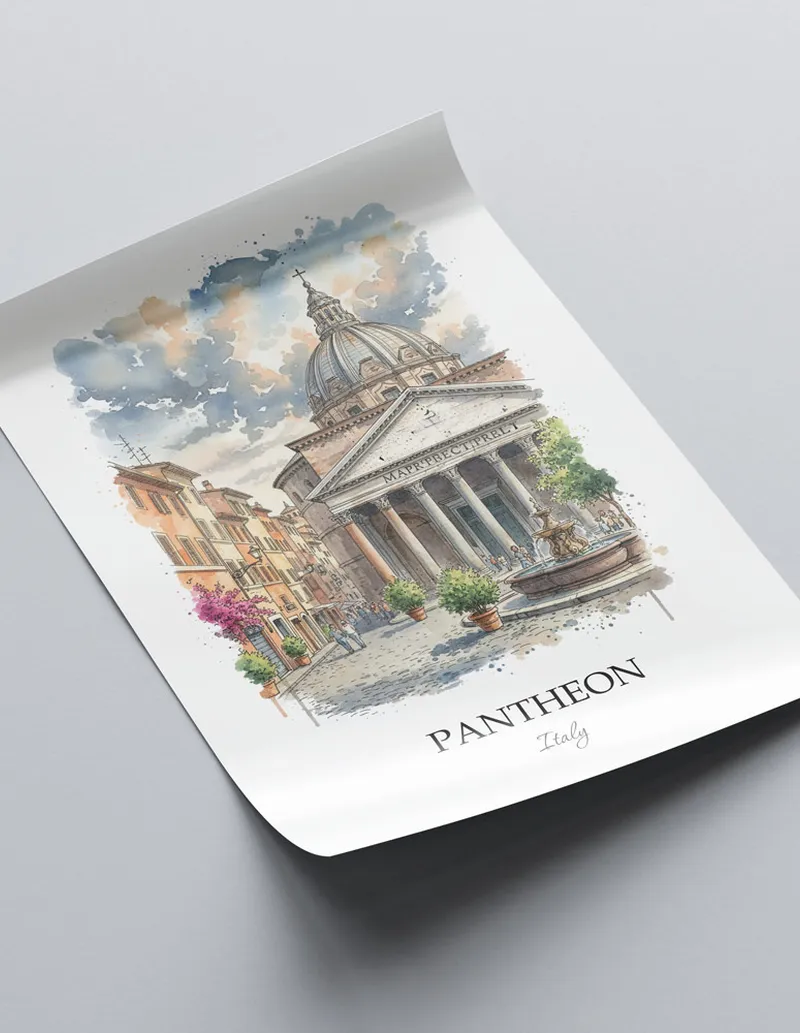 A close-up of a high-quality paper print featuring the Pantheon in Italy minimalist design.
