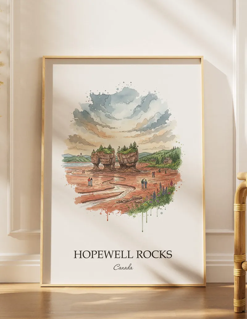 Minimalist poster of Hopewell Rocks in Canada in a light frame standing by a window in a boho style room.