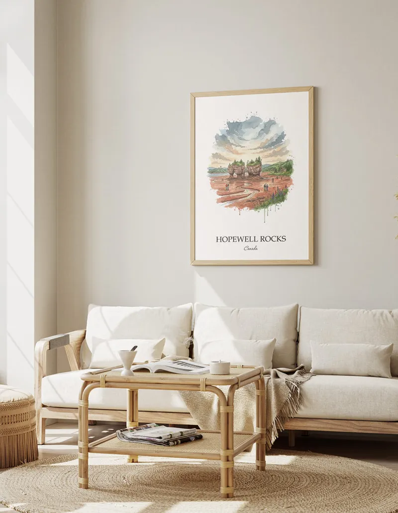 Cozy, well-lit workspace with a minimalist poster of Hopewell Rocks, Canada in a light frame sitting on the desk.