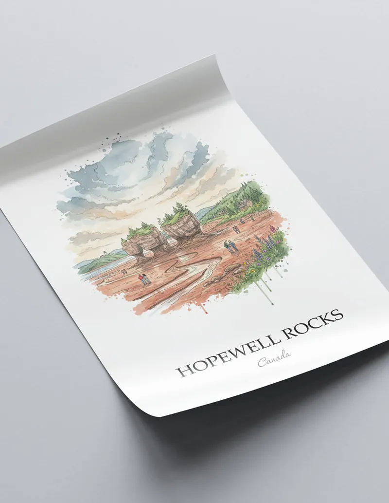 A lovely interior preview showcasing a vintage-vibe travel poster design of the scenic Hopewell Rocks in Canada.