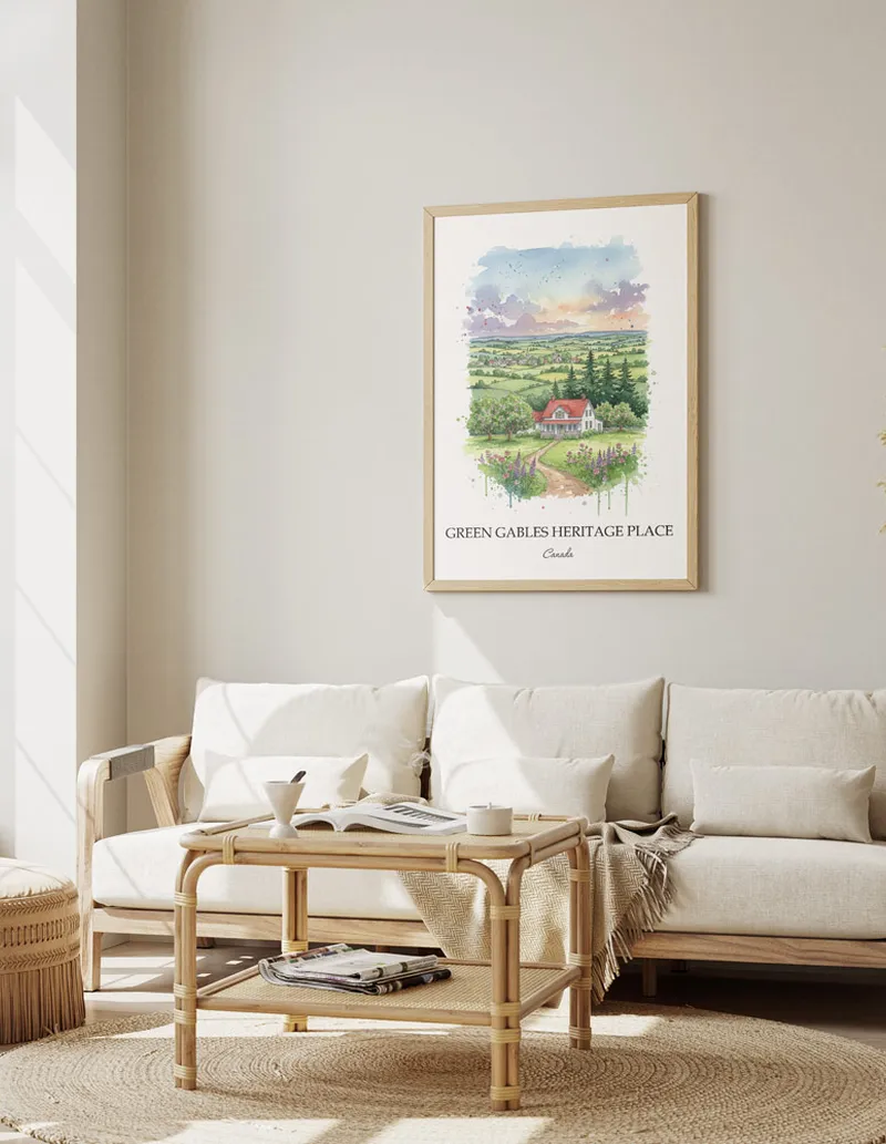 Cozy, well-lit workspace with a minimalist poster of Green Gables Heritage Place, Canada in a light frame sitting on the desk.
