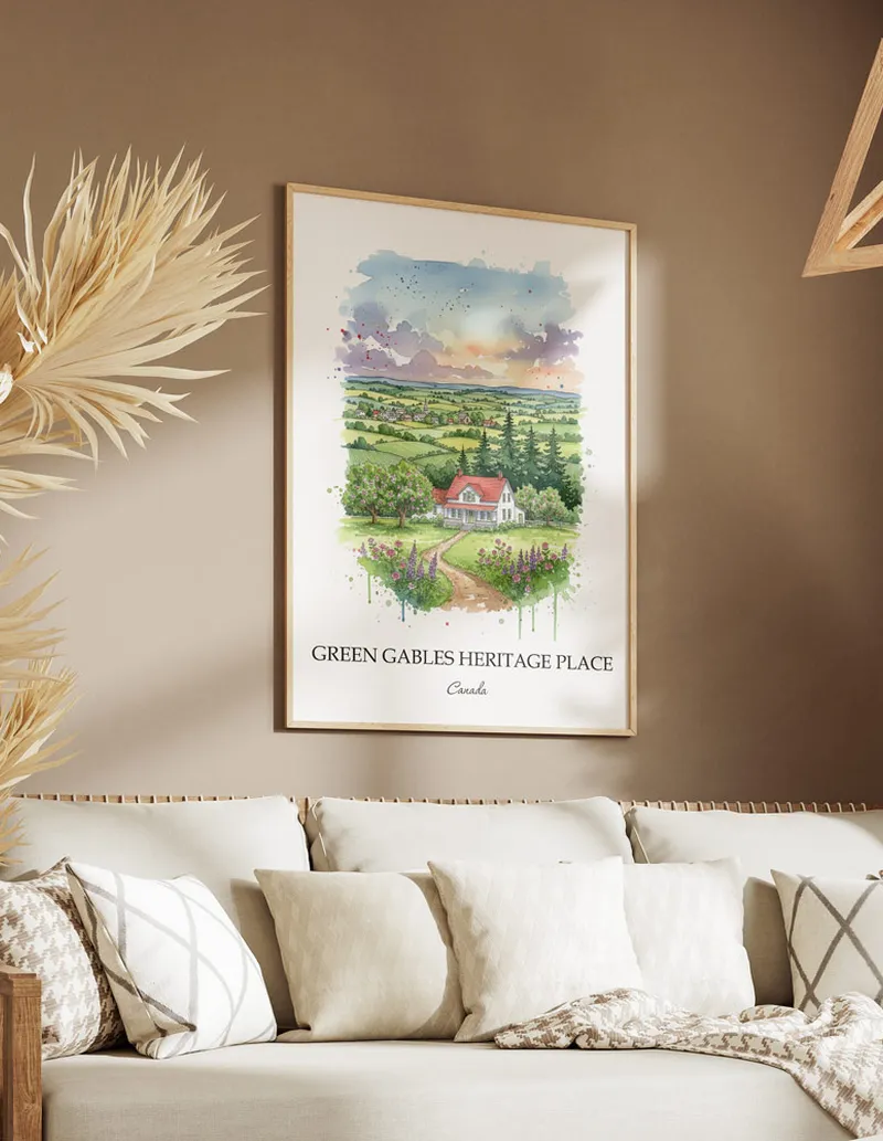 A clean and modern mockup showing a framed Green Gables Heritage Place, Canada print on a minimalist background.