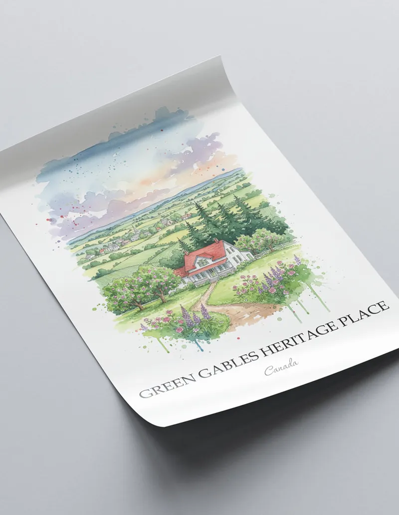 A lovely interior preview showcasing a vintage-vibe travel poster design of the scenic Green Gables Heritage Place in Canada.